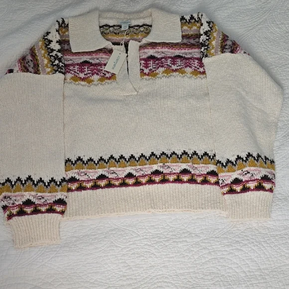 Sundance XXL Fair Isle Sweater NWT, CREAM, PLUM, MUSTARD - Picture 1 of 8
